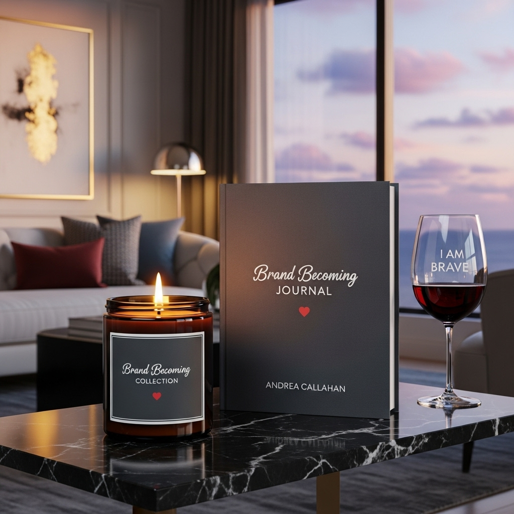 Brand Becoming candle, journal and wine glass by on marble table in living room with large bay window