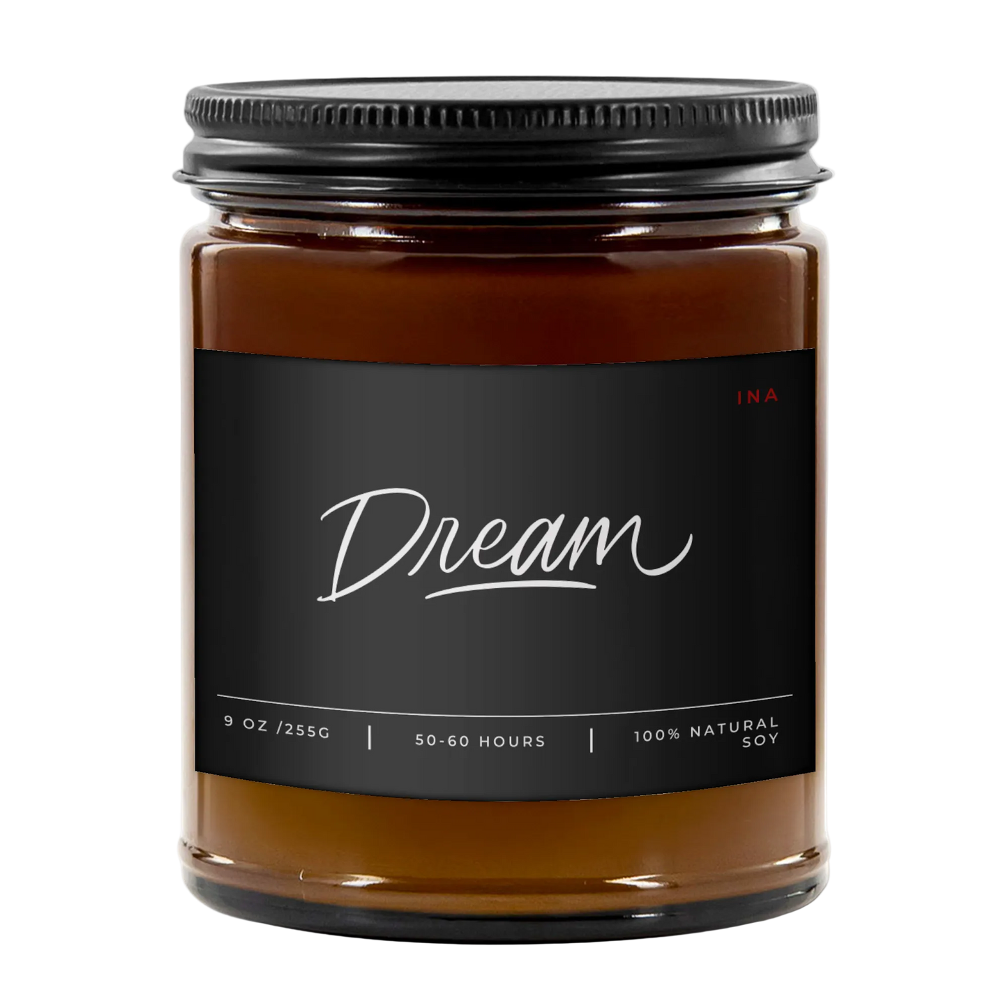 Candle jar labeled 'Dream' with a black lid on a white background