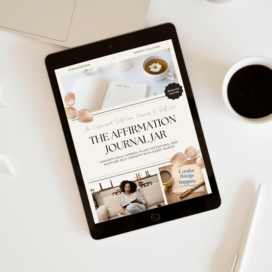 The Affirmation Journal Jar by Andrea Callahan in a table next to a cup of copy 